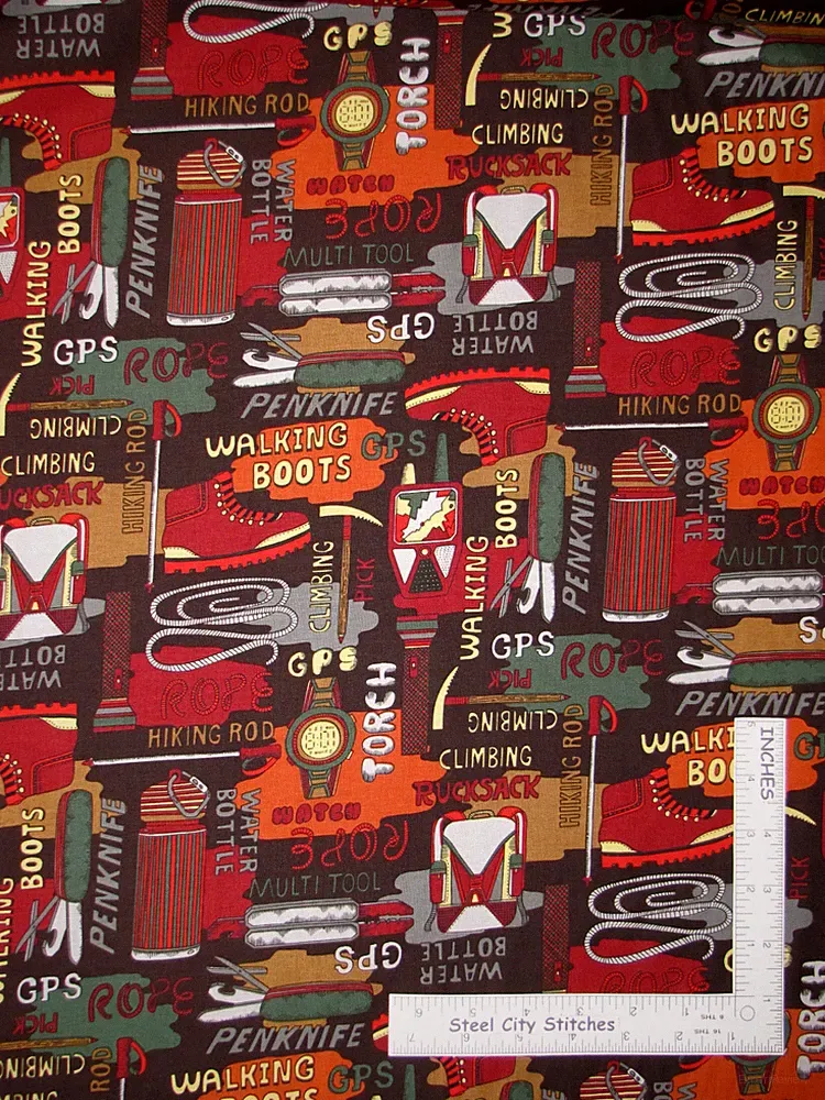 Camp Boots Hike Climb Backpack Cotton Fabric Benartex #5755 Trail Mix ~ YARD